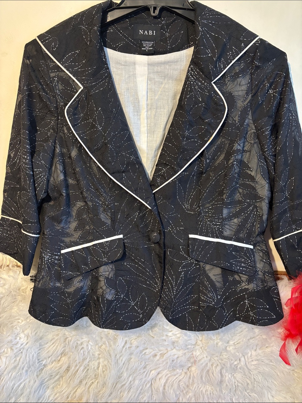Nabi Black Embroidered Sheer Blazer with White Piping